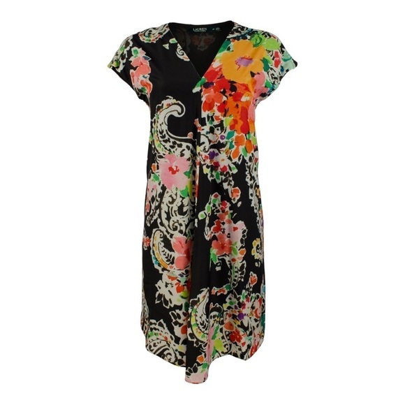 Ralph Lauren LRL Black Floral Inverted‎ Pleat VNeckline Knee Length Shift Dress - Picture 14 of 14